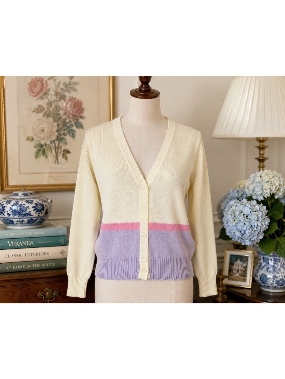 VTG Pastel Colorblock Cardigan USA Made Cream Pink Lavender Preppy Soft Girl M